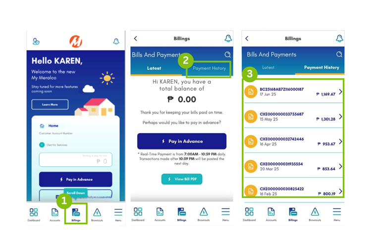 Three My Meralco app screens: Billings in the bottom menu, the Payment History tab, and the list of posted payments