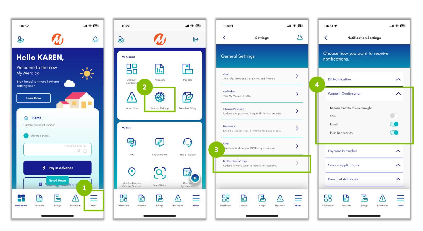 Four My Meralco app screens: Menu, Account Settings, Notification Settings and the Payment Confirmation options