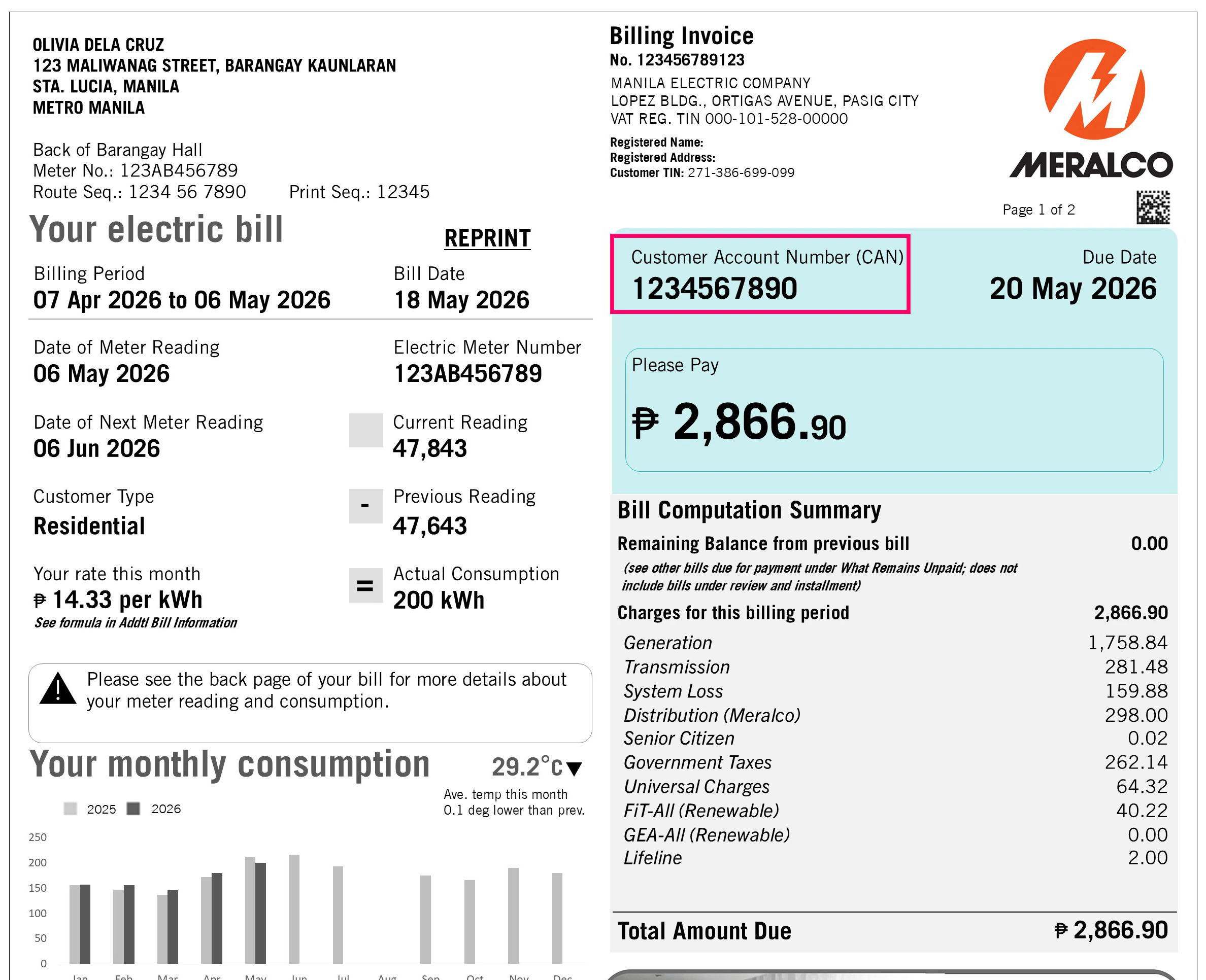 Meralco bill template showing the Customer Account Number location
