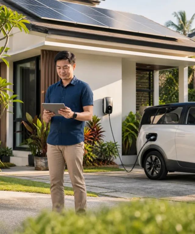 A homeowner checks energy use beside a solar-powered home and charging electric vehicle.