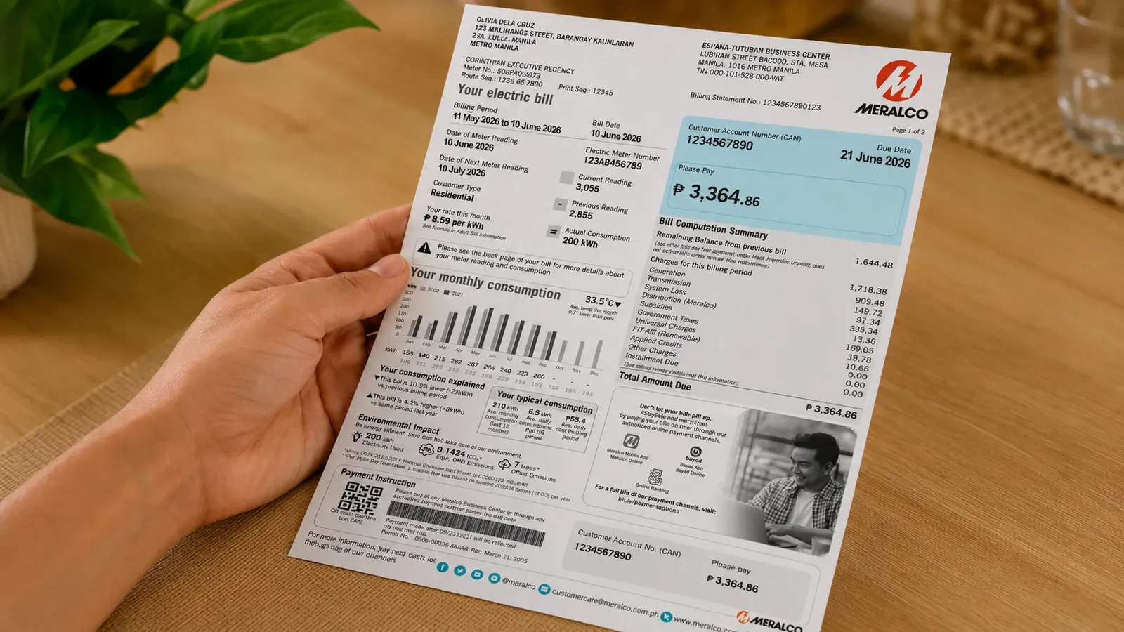 Electricity bill information shown beside a calculator and household items.