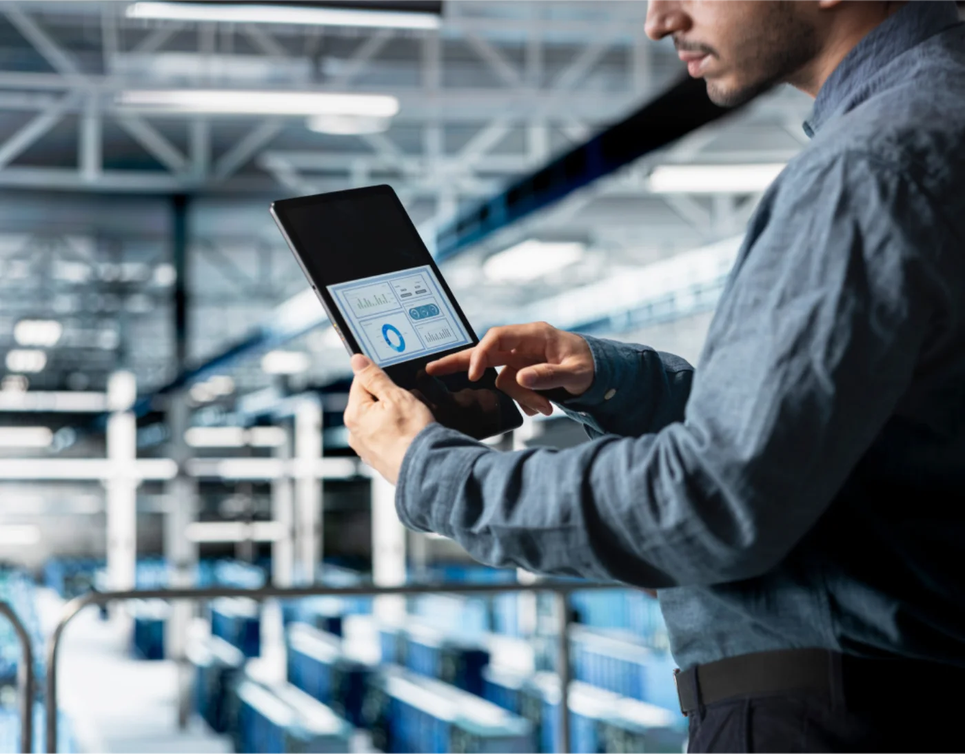 A technician reviews operational data on a tablet in a server facility.