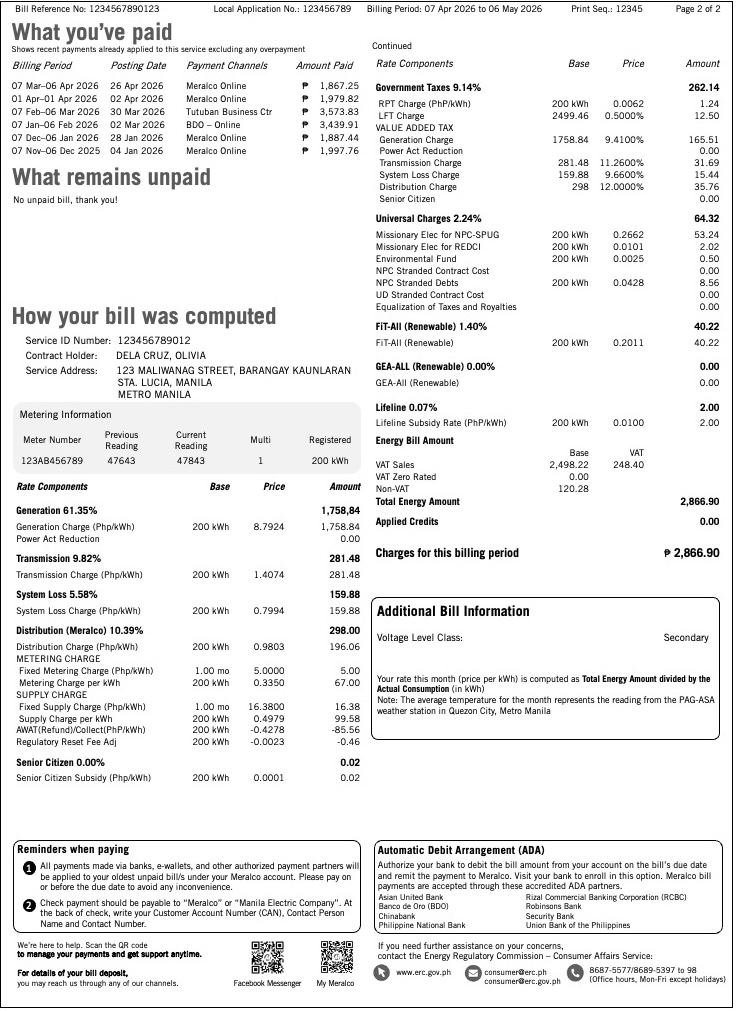 Back page of the June 2026 Meralco sample bill used for the annotated guide.