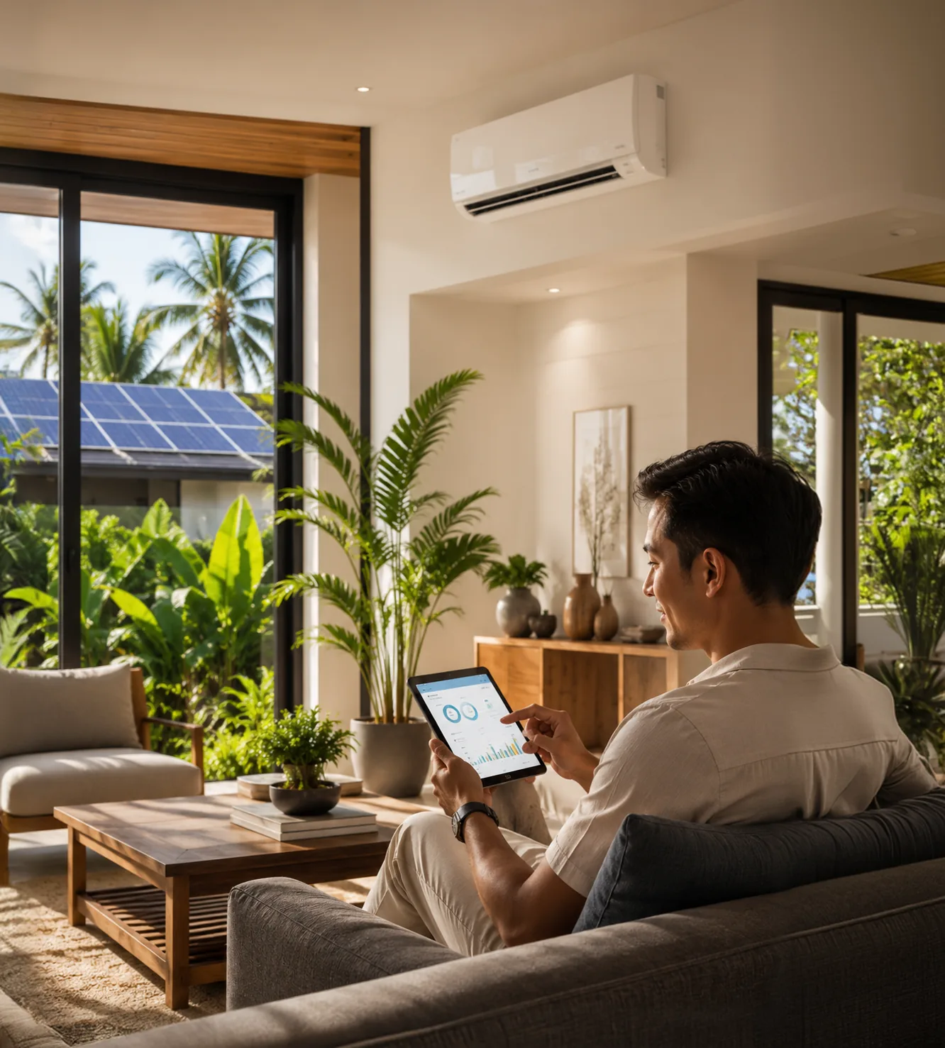 A resident reviews home energy information on a tablet.