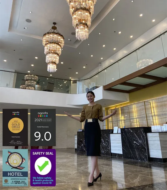 Hotel lobby and guest-review recognition.
