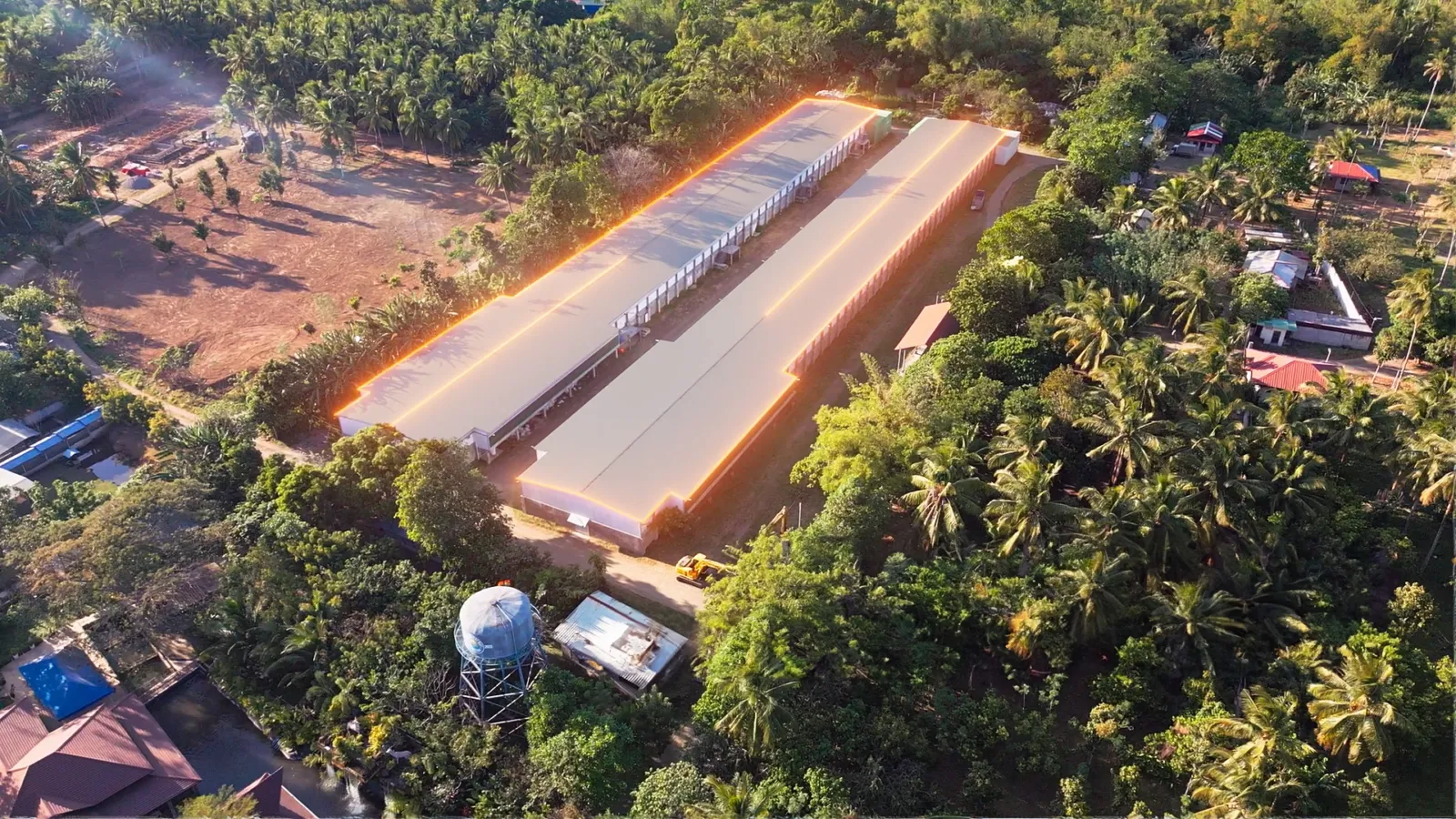 Aerial view of the Biostar facility and rooftop solar panels.