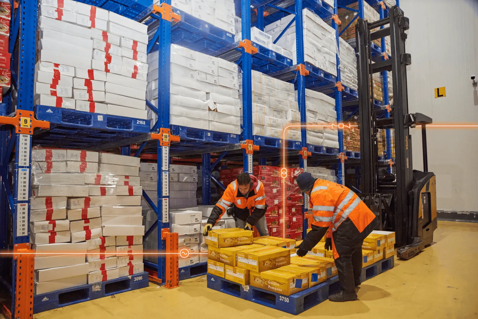 Forklift and goods inside a cold storage warehouse.