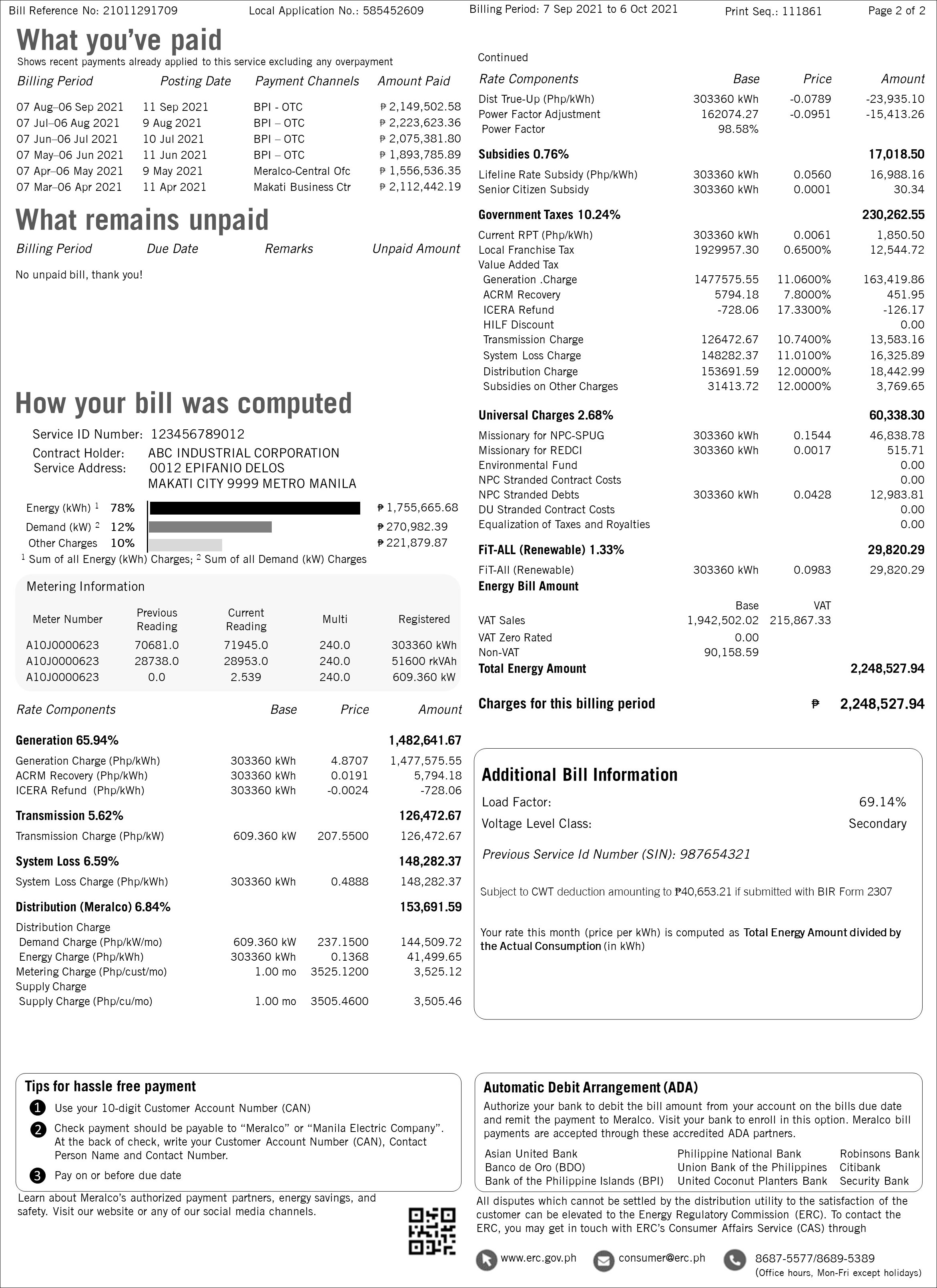 Back of a sample Meralco Business electricity bill with fictional account and service details.