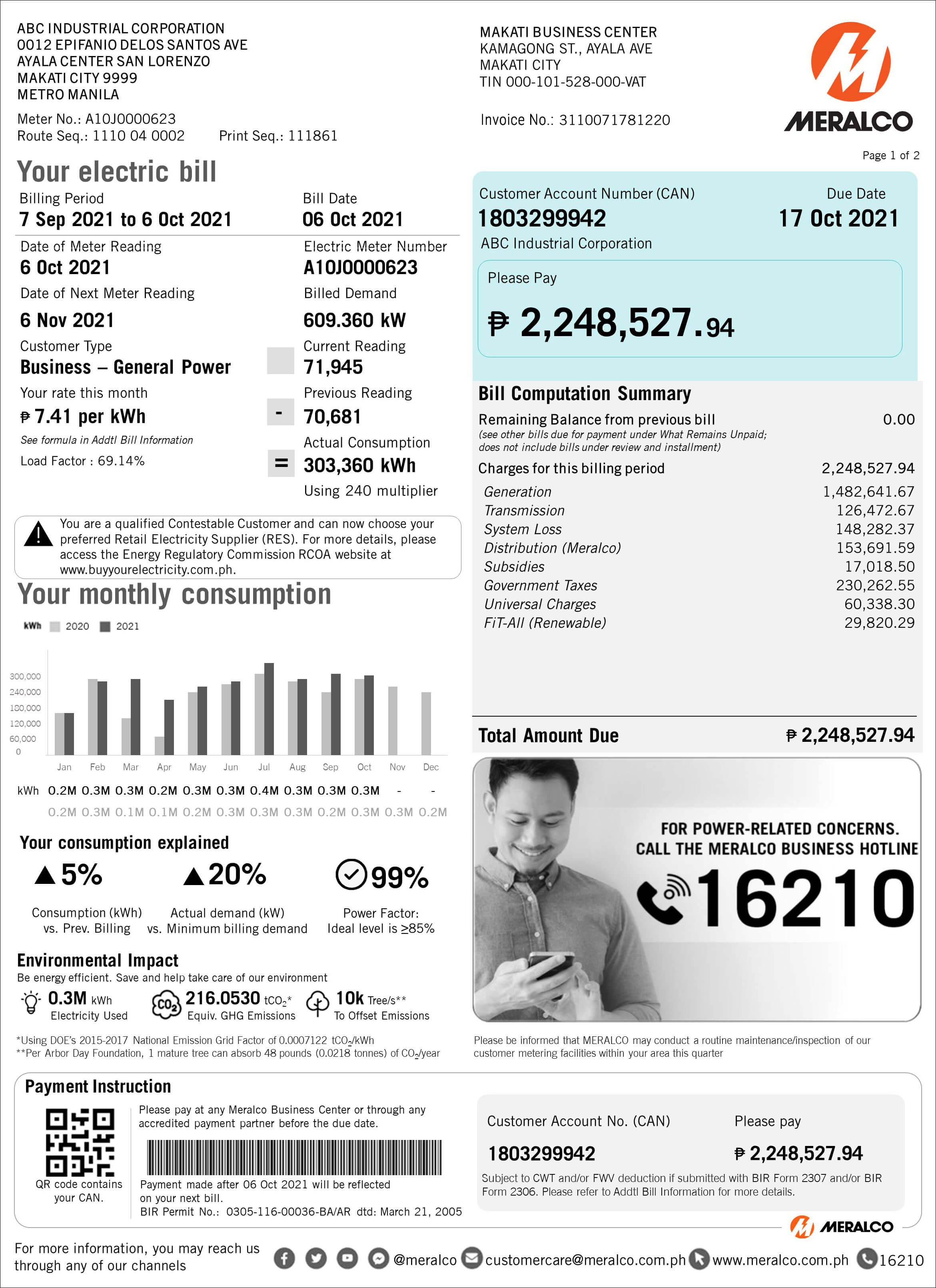 Front of a sample Meralco Business electricity bill with fictional account details.
