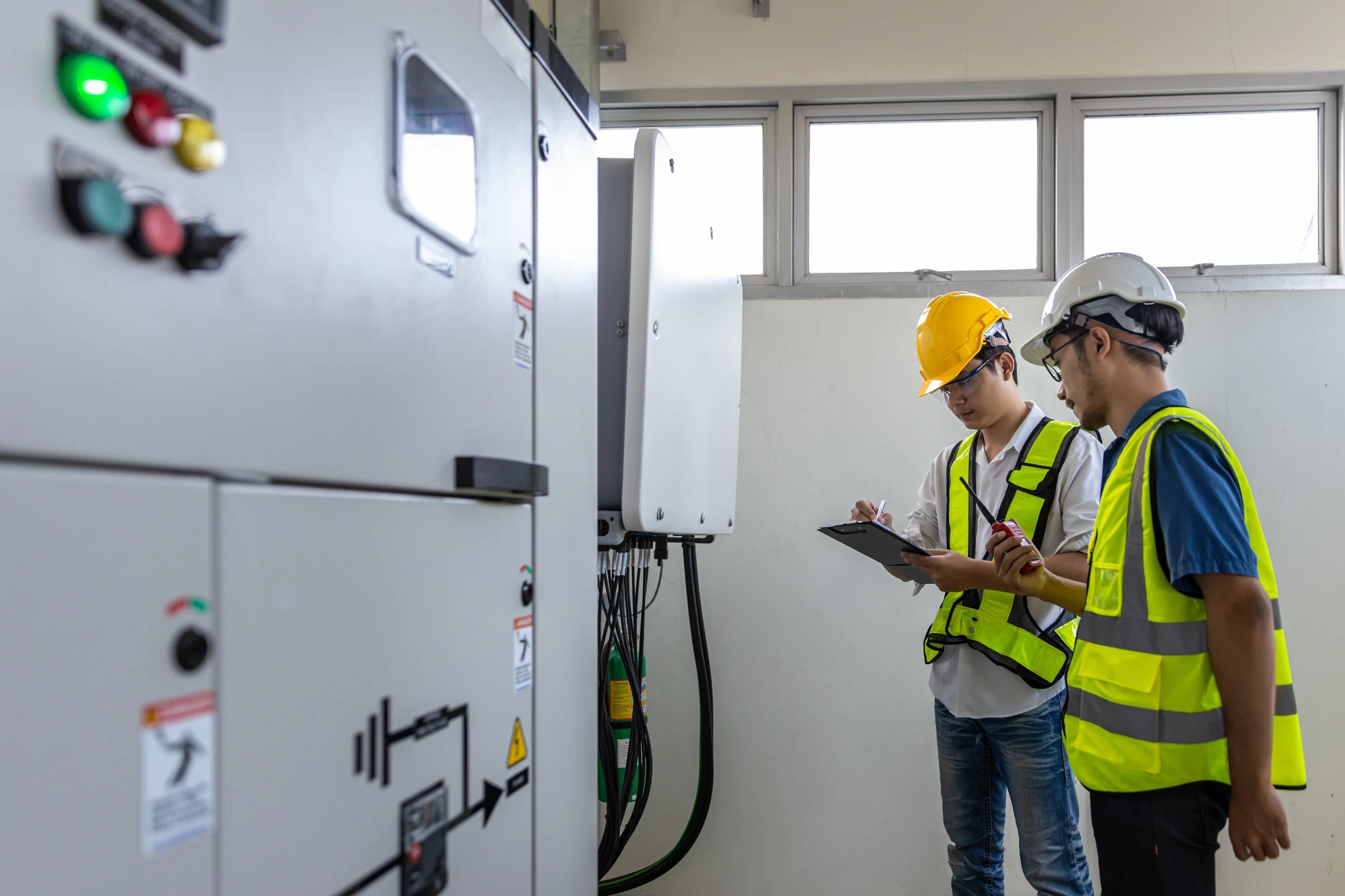 Two workers in safety vests review electrical control equipment.