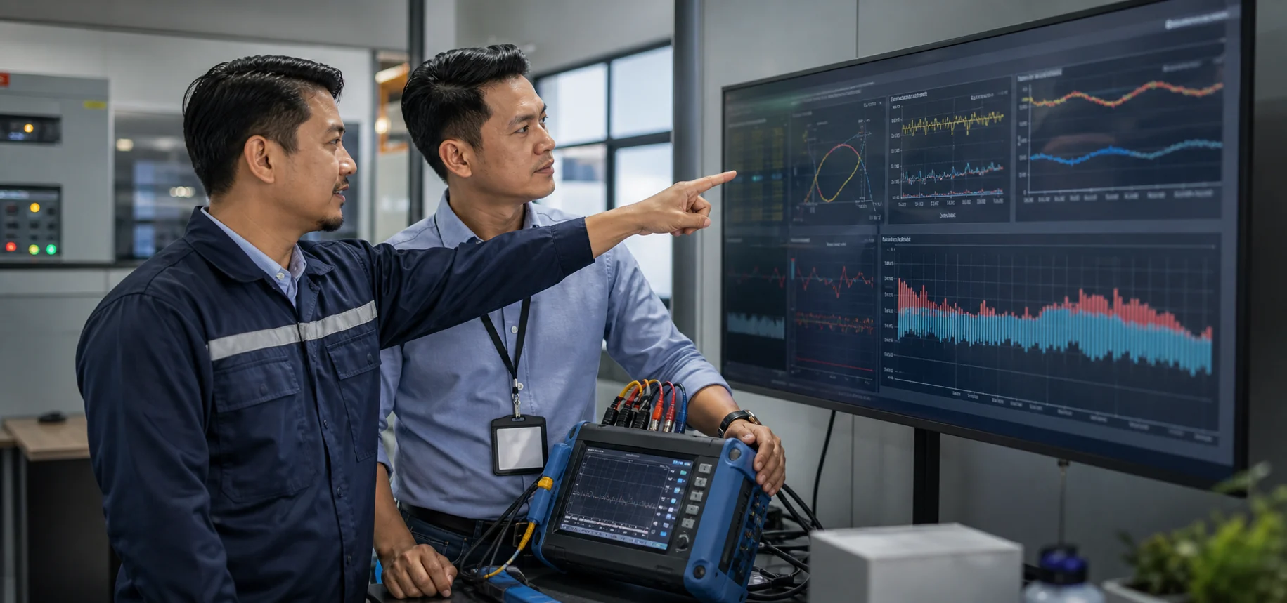 An electrical specialist and facility manager review power-quality measurements together.