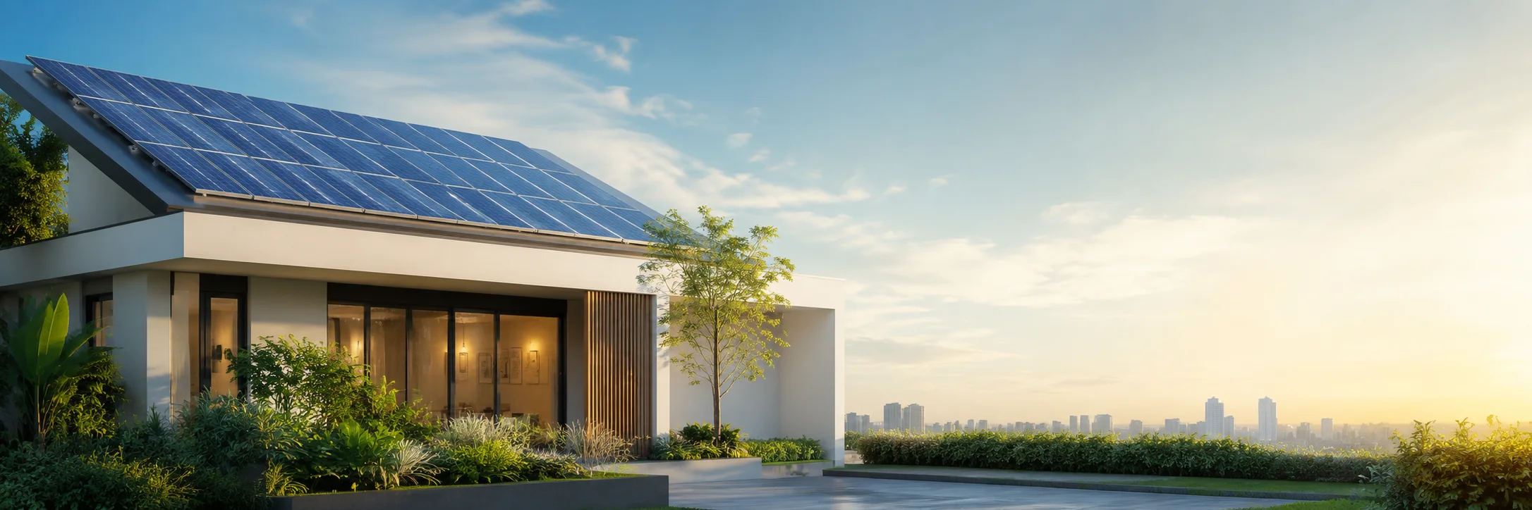 A modern commercial property with rooftop solar panels at sunset.