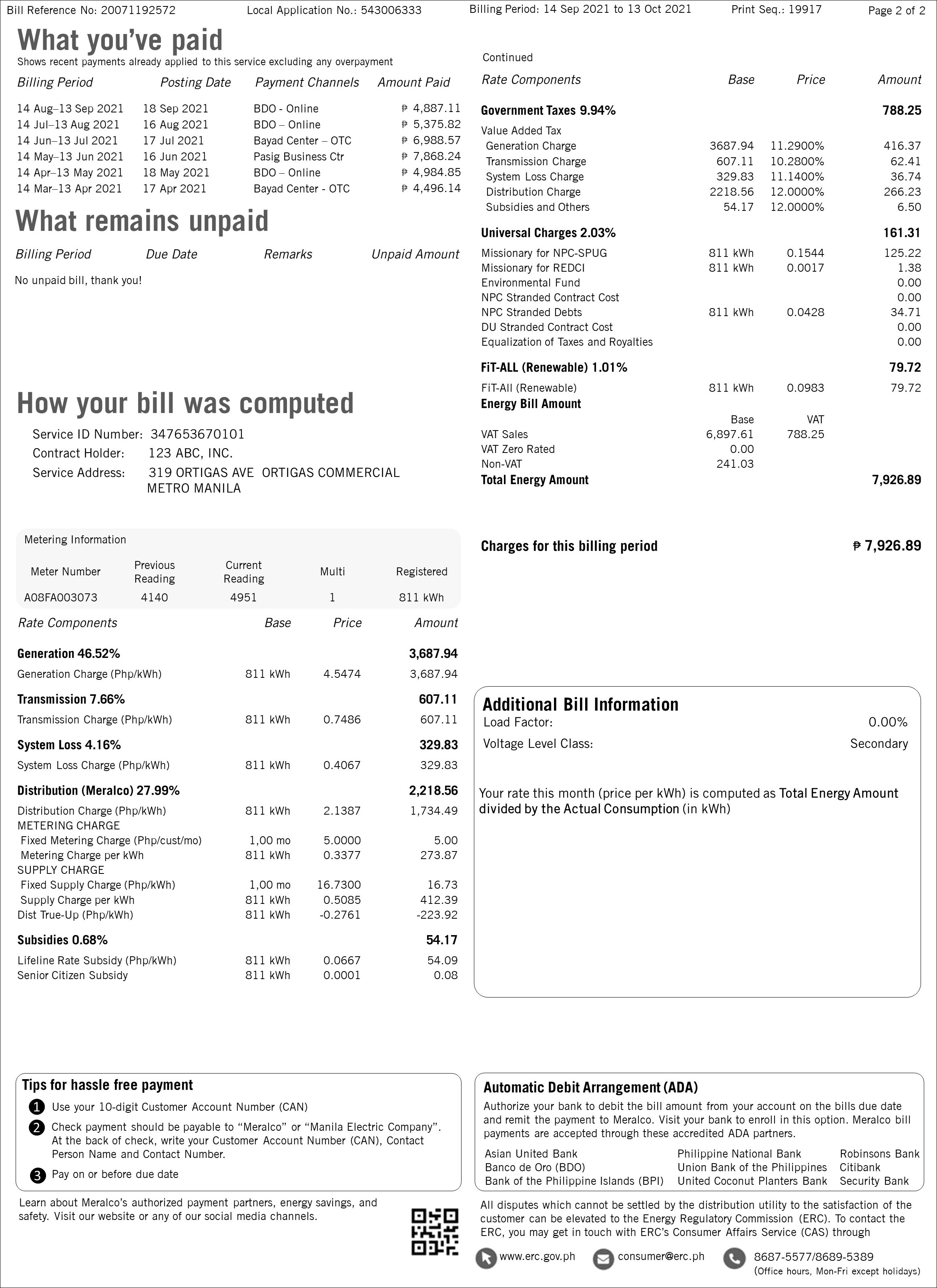 Back of a sample Meralco Microbiz electricity bill with fictional account and service details.