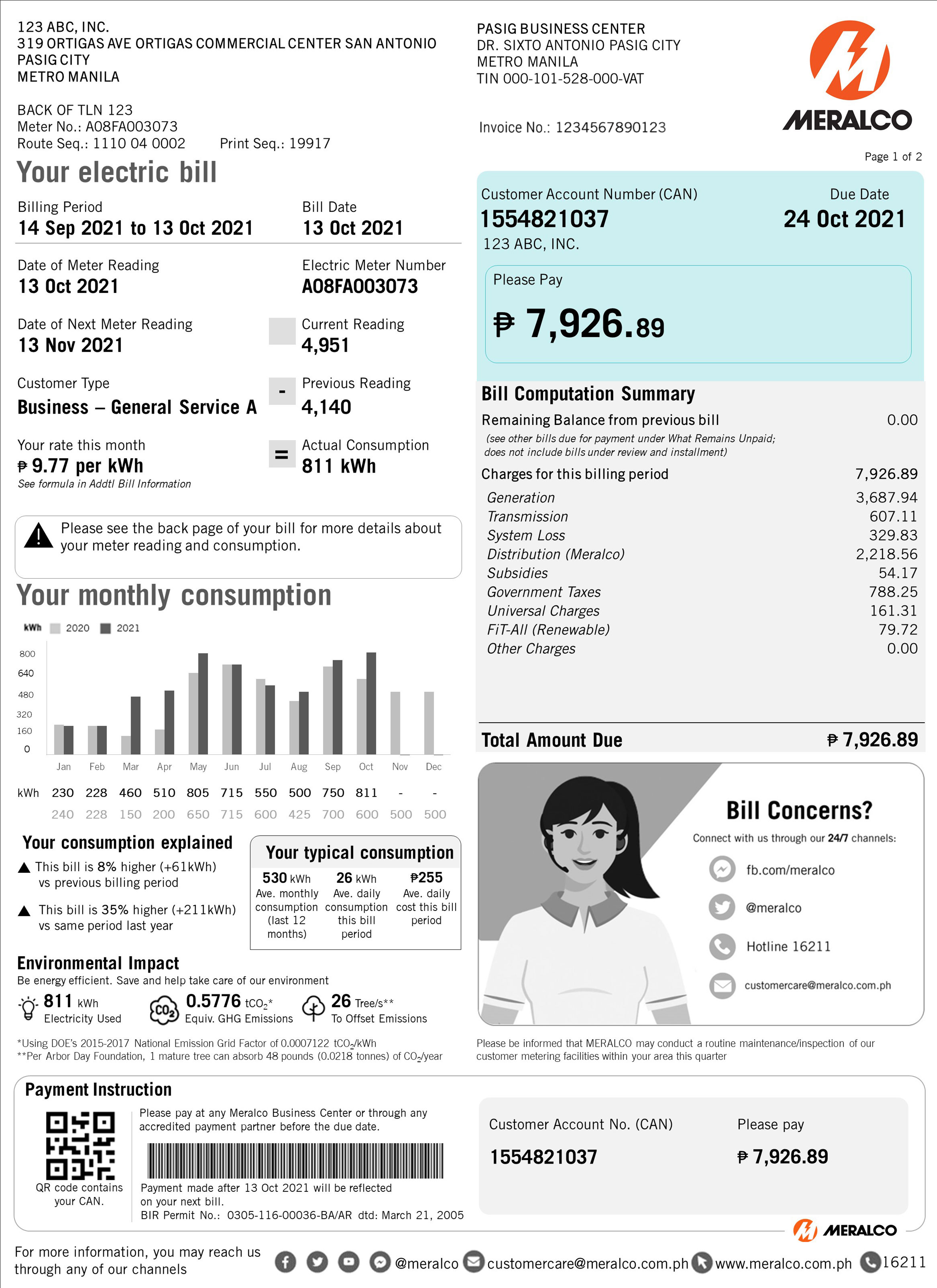 Front of a sample Meralco Microbiz electricity bill with fictional account details.