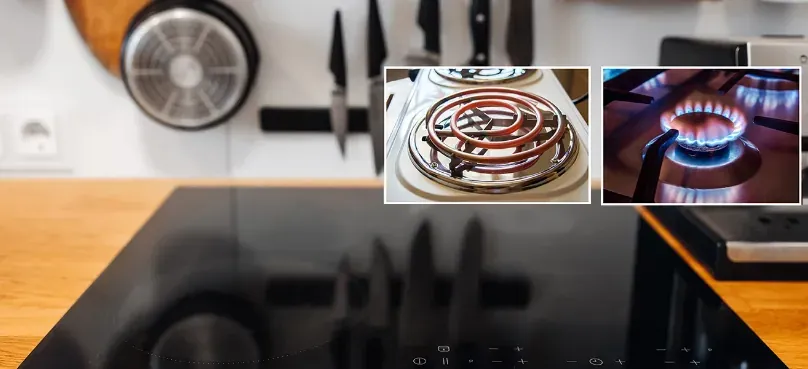 An induction cooktop compared with an electric-coil burner and a gas flame
