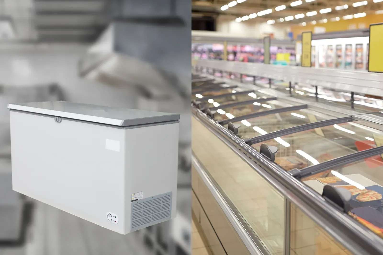 A hard-top chest freezer beside glass-top display freezers in a store