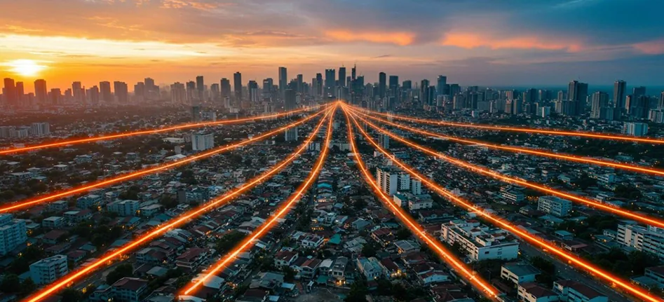 Aerial view of a city at dusk with illuminated power lines converging