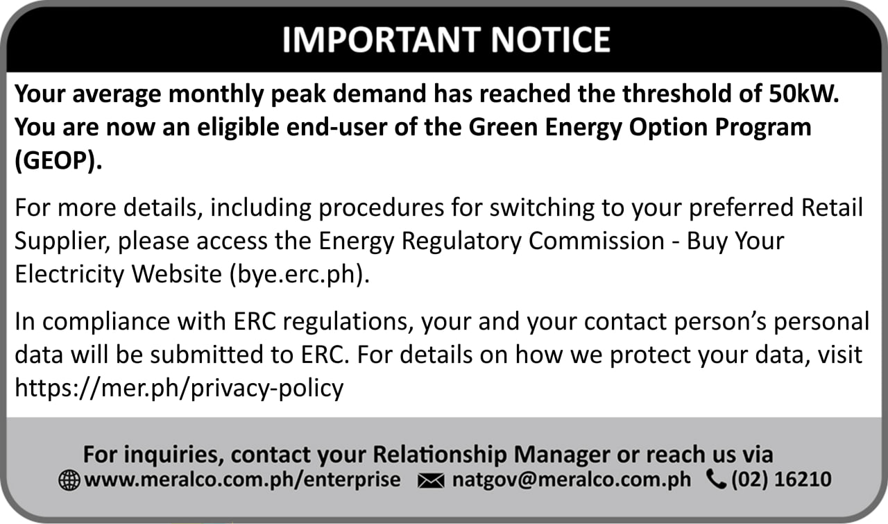 GEOP bill notice showing a 50 kW eligibility threshold