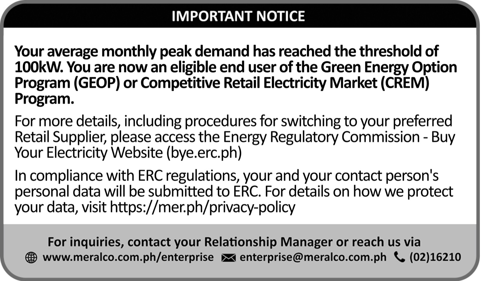 GEOP and CREM bill notice showing a 100 kW eligibility threshold