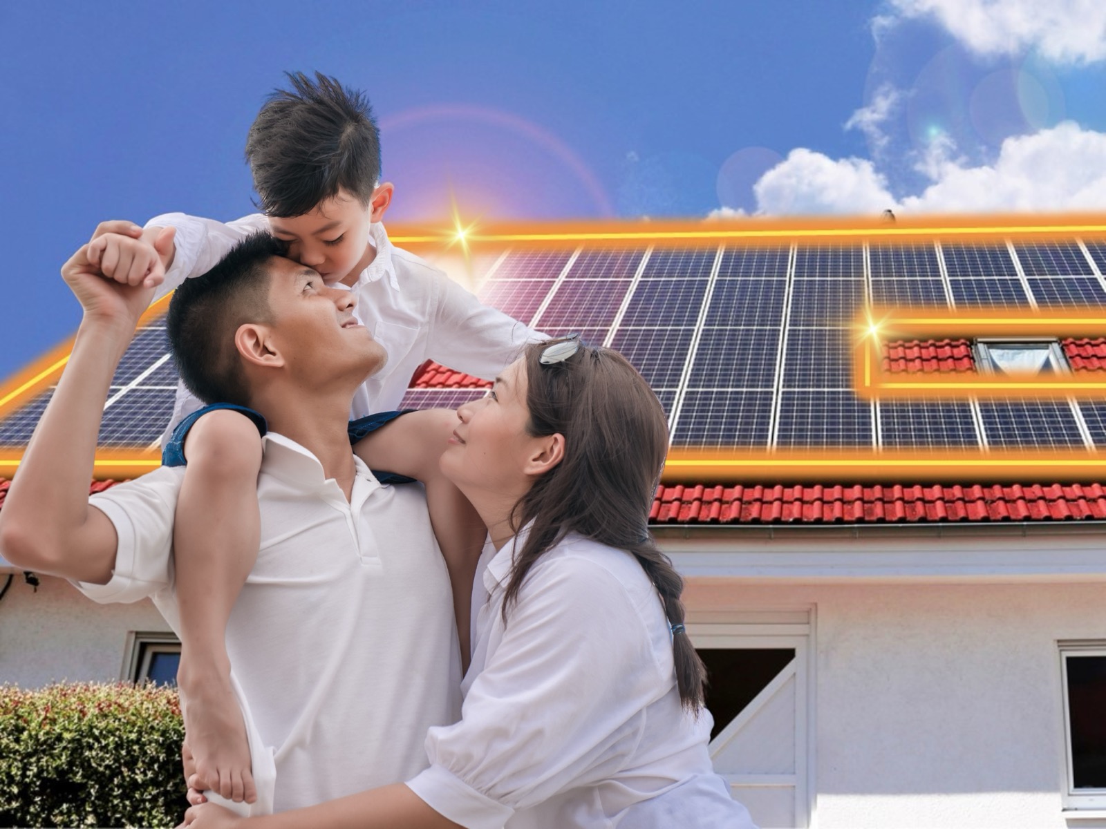 A family in front of a home with rooftop solar panels