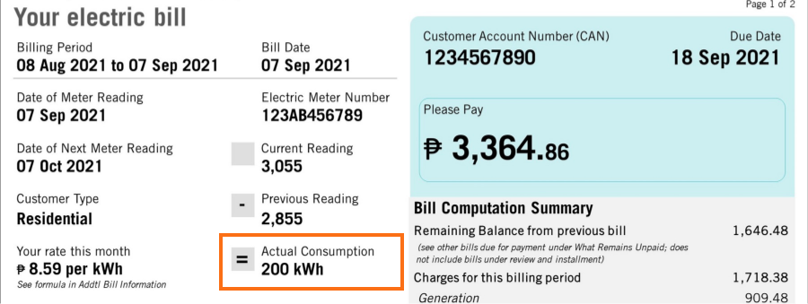 Example bill highlighting consumption of 200 kWh