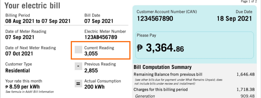Example bill highlighting the current reading of 3,055 kWh