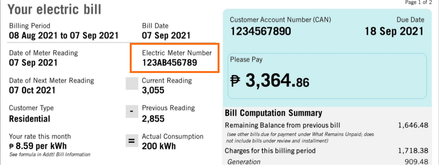 Example bill highlighting the electric meter number