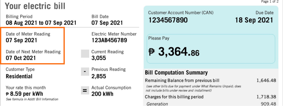 Example bill highlighting the meter reading schedule