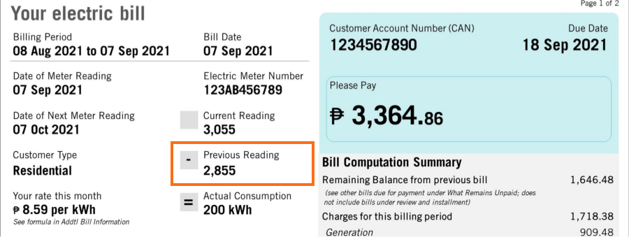 Example bill highlighting the previous reading of 2,855 kWh