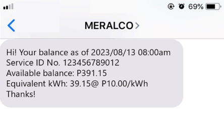 Example KLoad daily balance text message