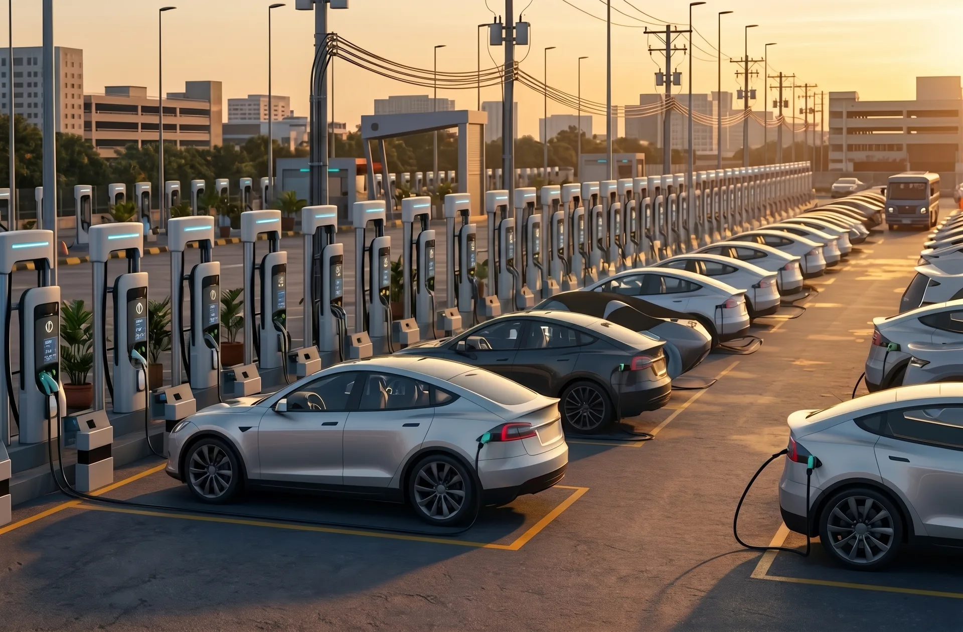 Row of electric cars charging at a commercial charging plaza at sunset