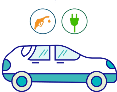 Side view of a car with fuel-pump and charging-plug badges