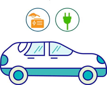 Side view of a car with battery-generator and charging-plug badges