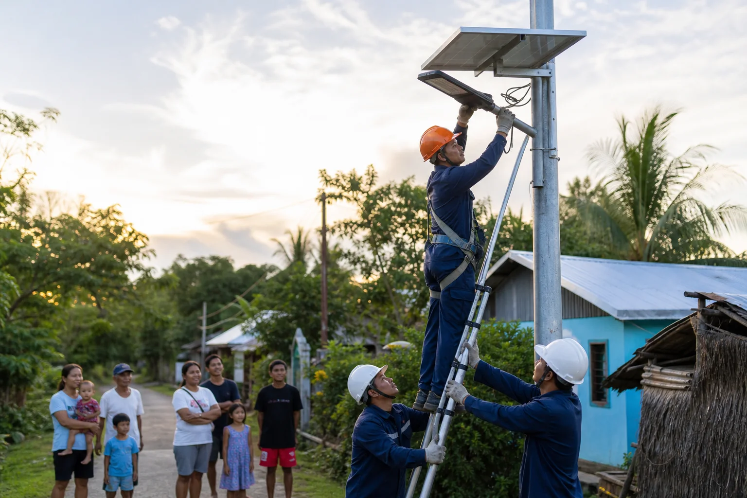 Workers install a solar streetlight as community members look on.