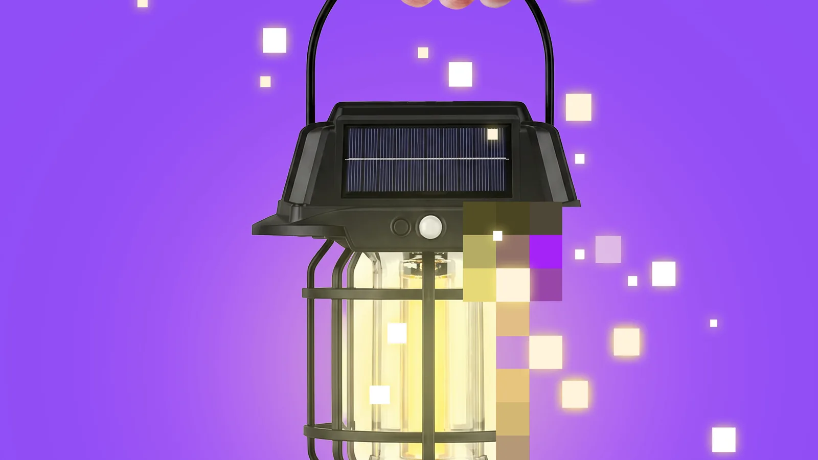 A hand holding a solar-powered lantern surrounded by pixels of light.