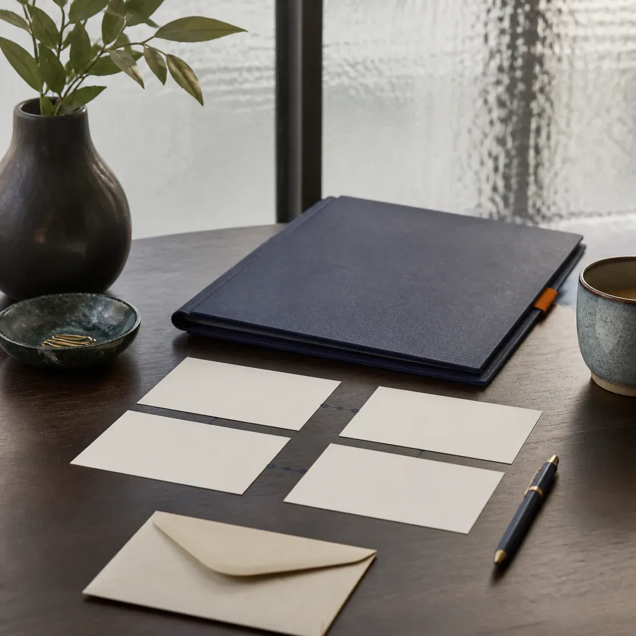 Blank note cards, a navy folder, and a pen arranged on a private worktable.