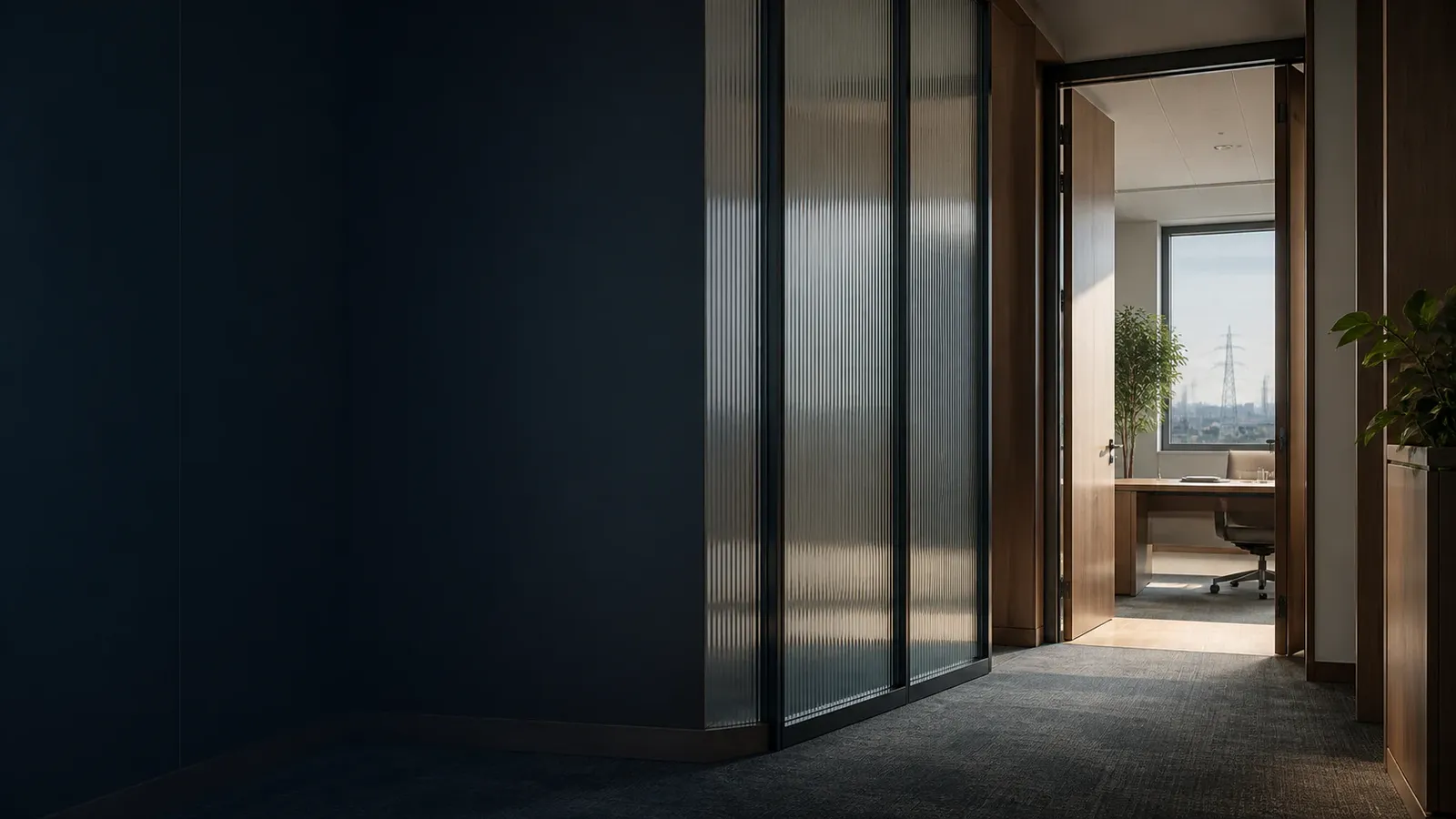 A quiet office passage leading to an open private consultation room.