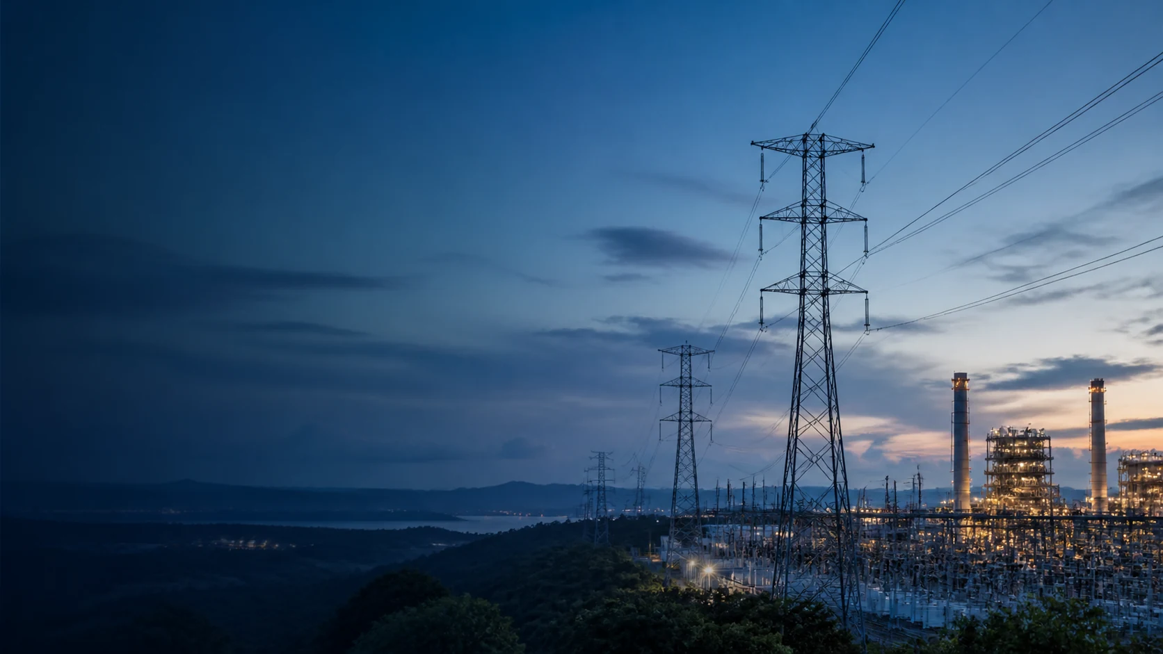Transmission towers and power infrastructure extending across a landscape at blue hour.