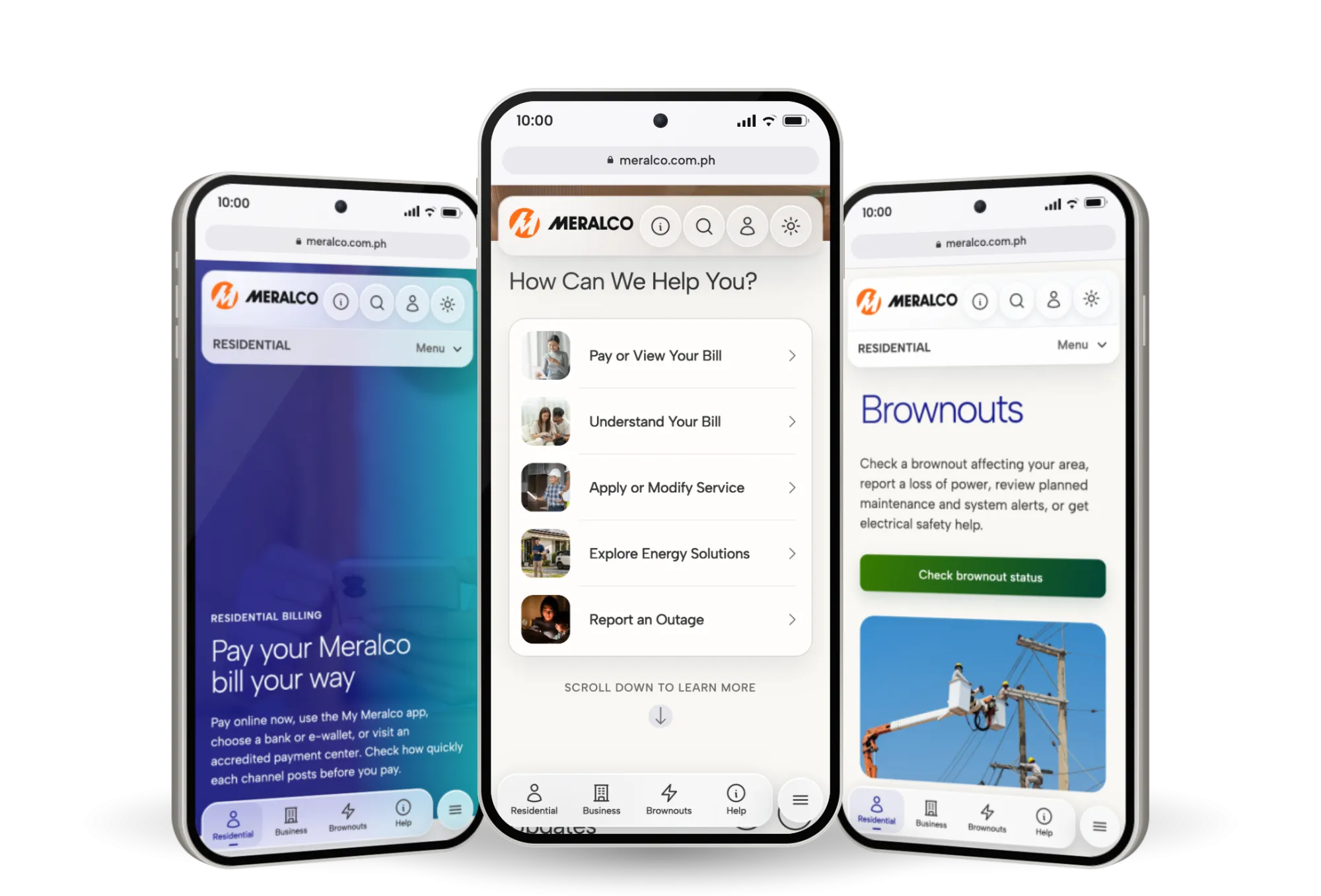 Three phones showing the homepage’s most-used tasks, the How to Pay page and the Brownouts page.