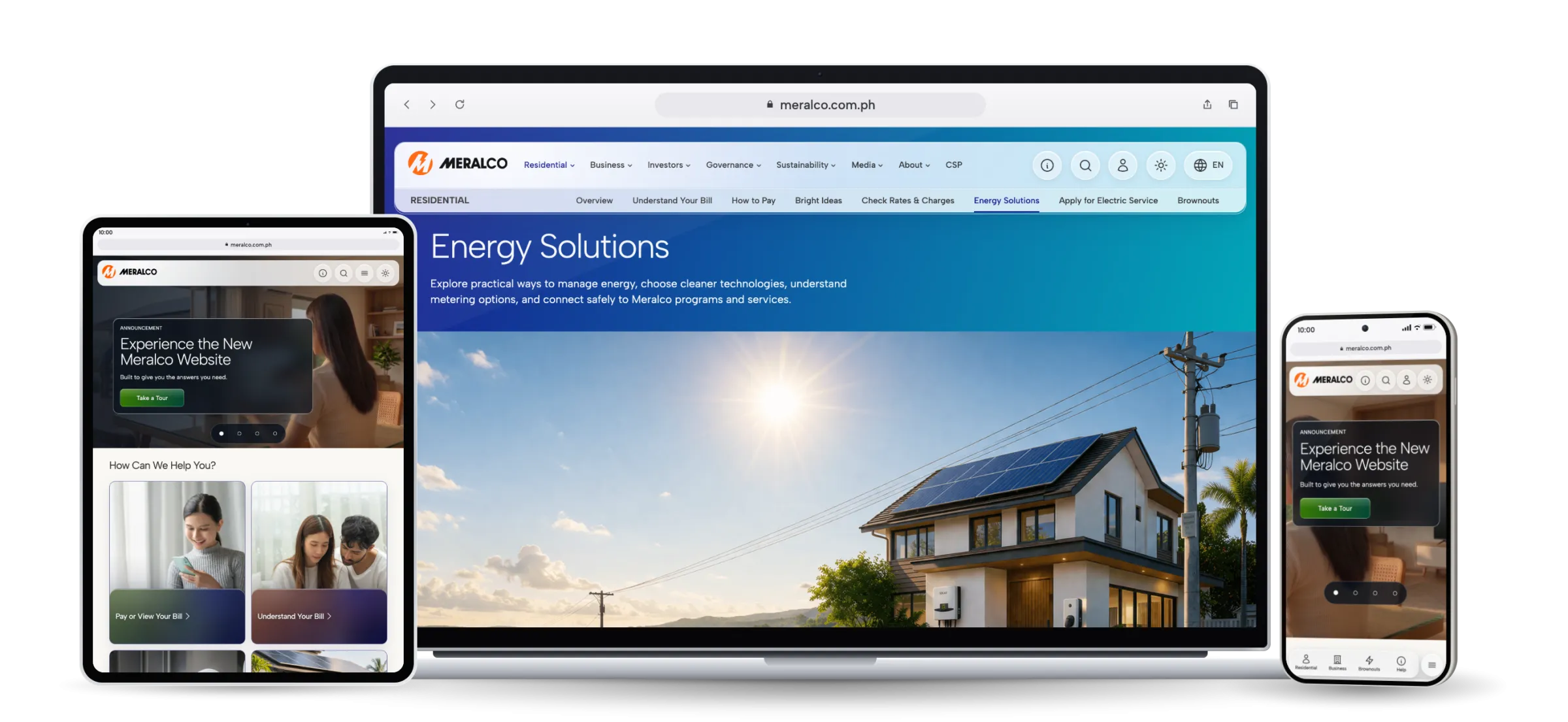 The new Meralco website on a tablet, a laptop and a phone.