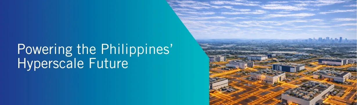 Aerial view of a data center campus linked by glowing power lines, from the white paper banner “Powering the Philippines’ Hyperscale Future”.