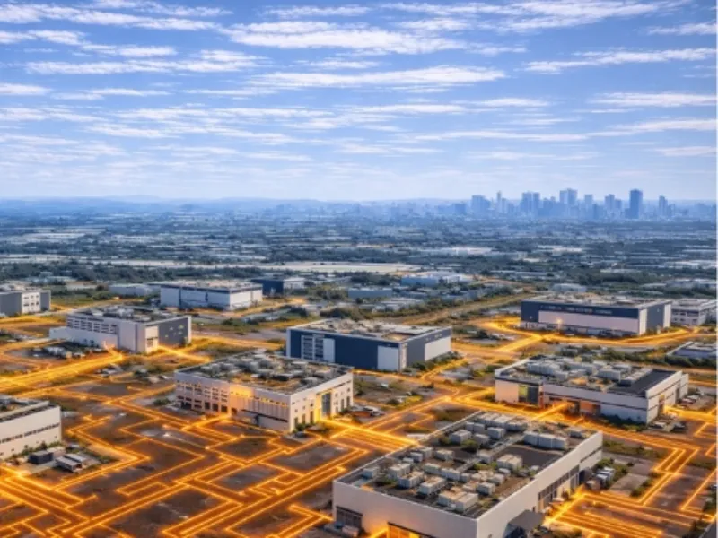 Aerial view of a data center campus linked by glowing power lines, from the white paper banner “Powering the Philippines’ Hyperscale Future”.