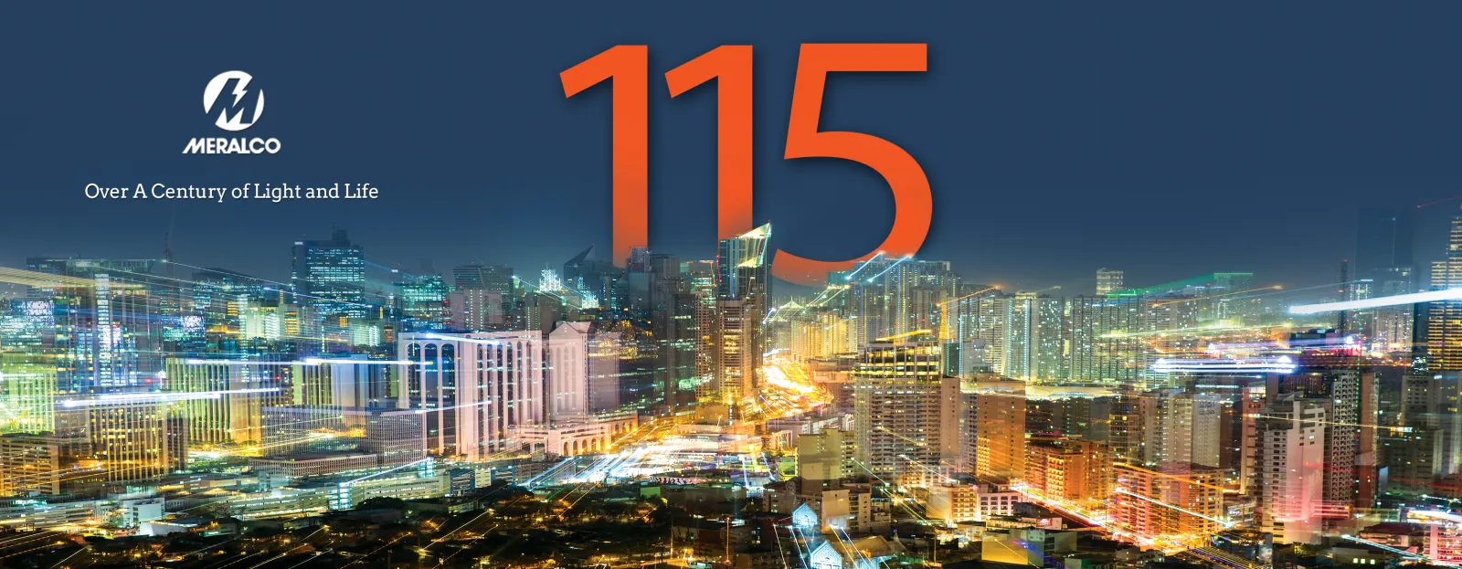 Meralco 115: Over a Century of Light and Life, above an illuminated city skyline.