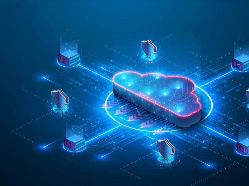 Illustration of a connected cloud network protected by security shields.