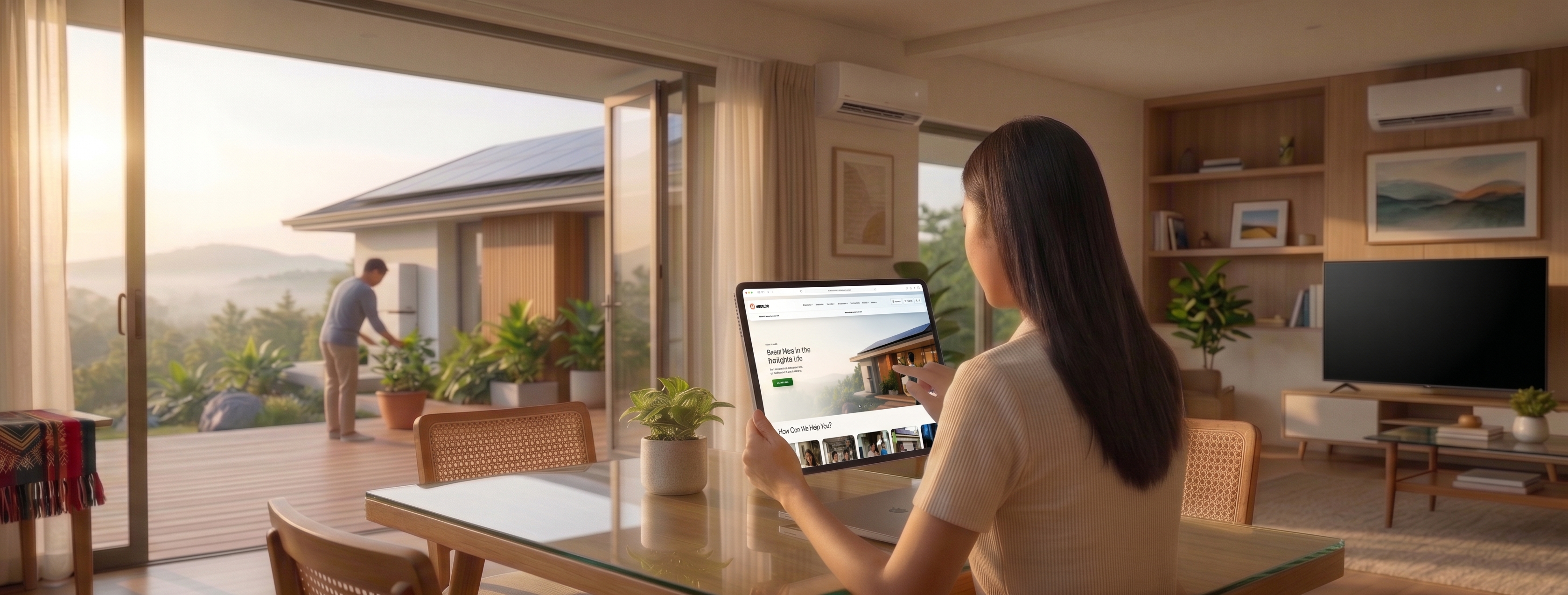 A woman explores the Meralco website on a tablet at home.