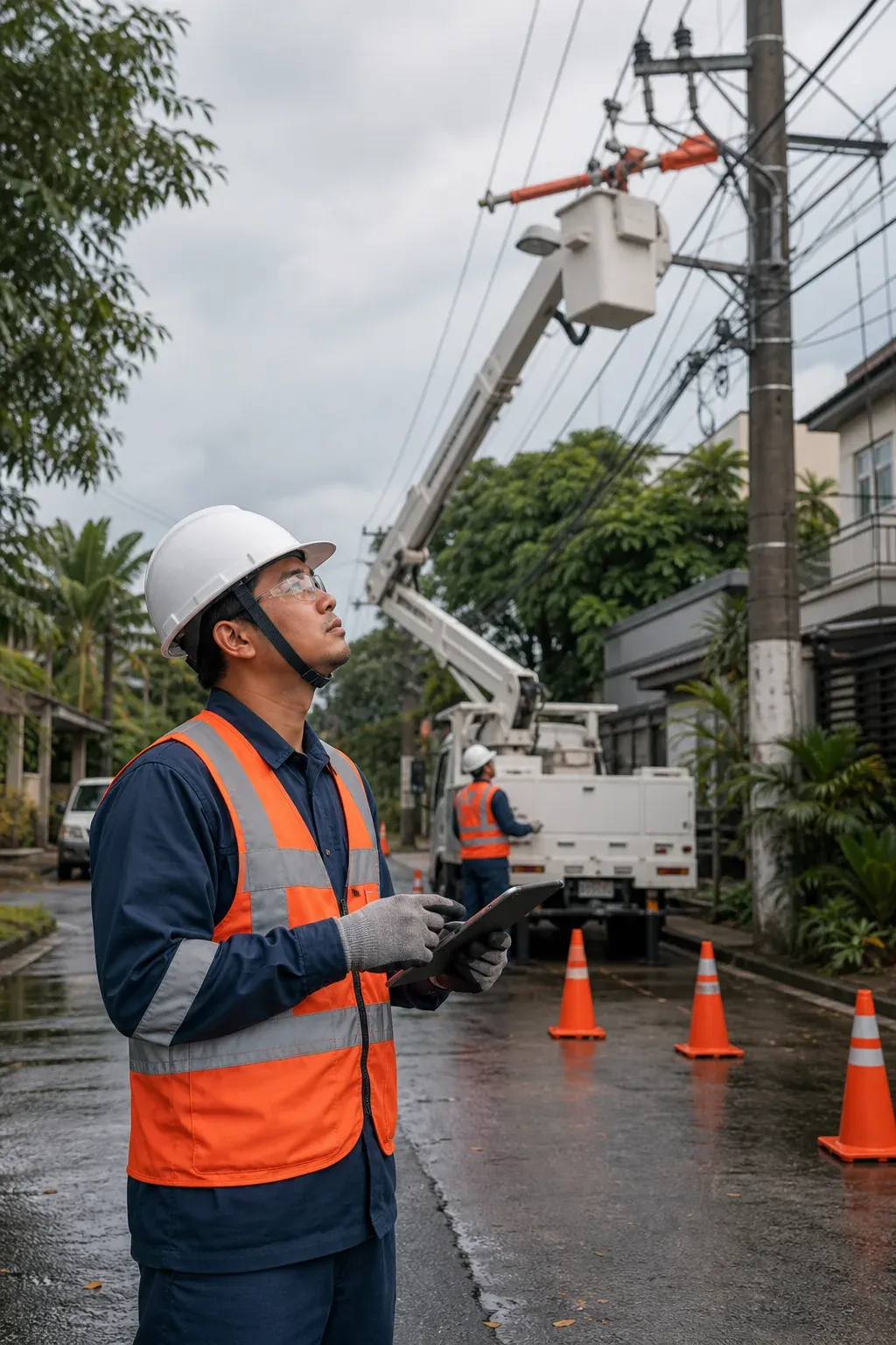 Utility lineworkers assess distribution equipment from a controlled work zone on a residential street.