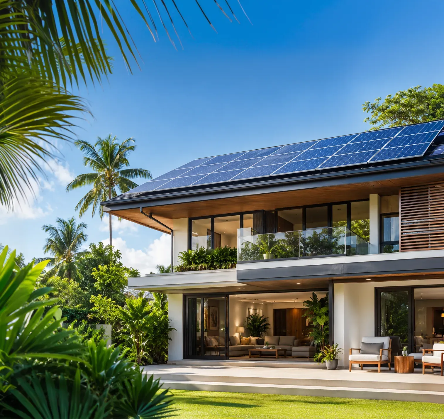 A modern home generates clean electricity with rooftop solar panels.