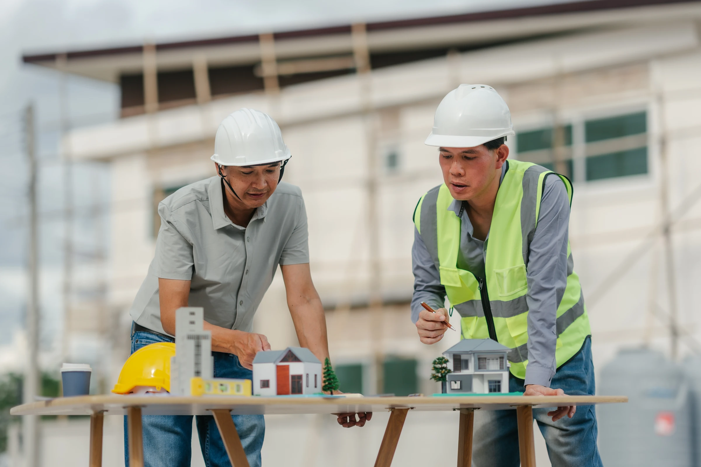 Two workers in hard hats review an architectural model.