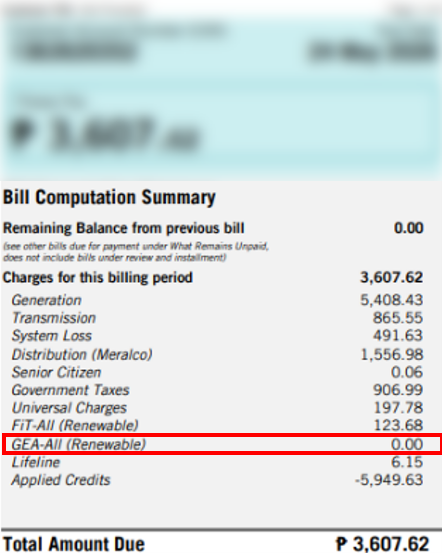 Front of a Meralco bill during the suspension, with GEA-All (Renewable) shown as 0.00
