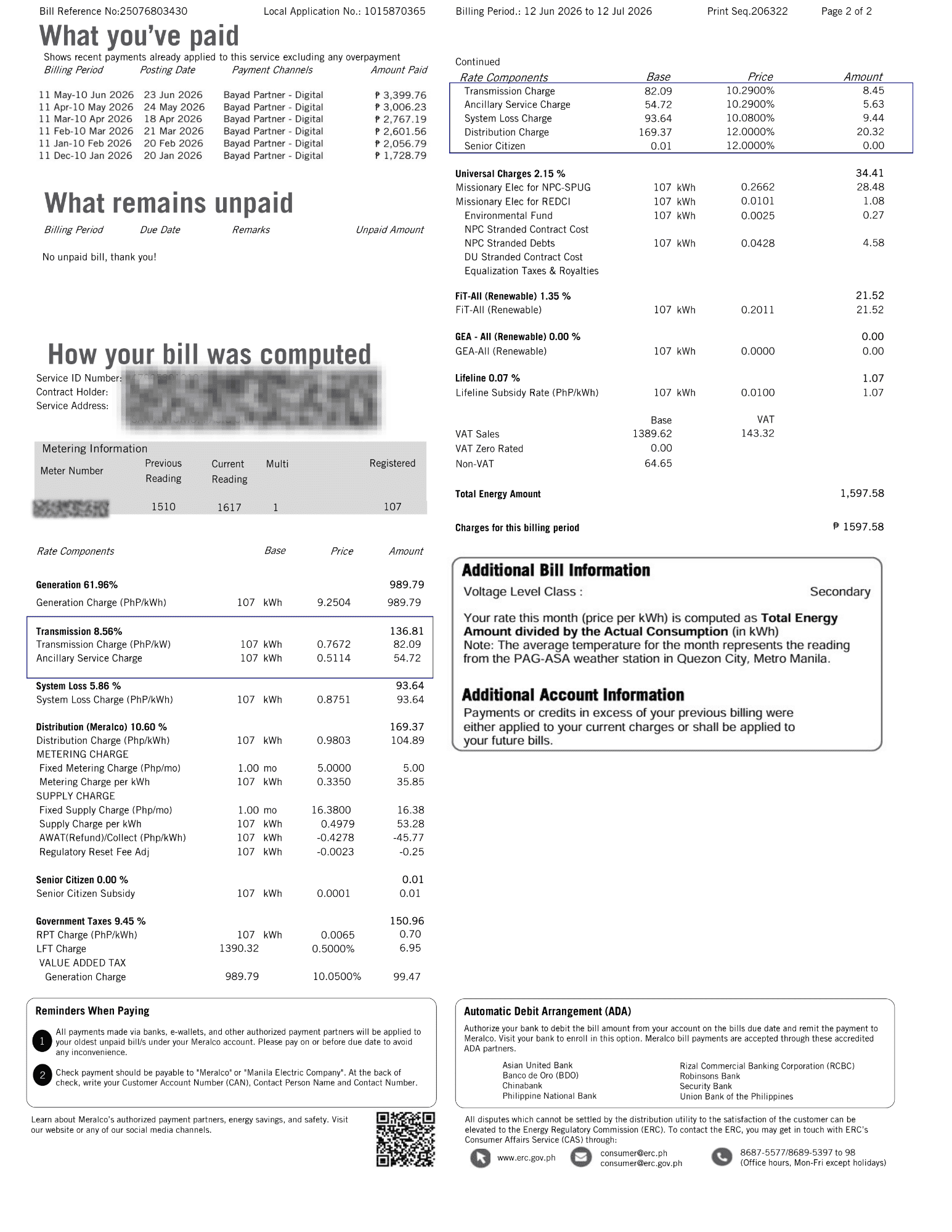 Sample back page of a Meralco bill for 12 June to 12 July 2026 with the Transmission section highlighted: the Transmission Charge of 82.09 pesos and a separate Ancillary Service Charge line of 54.72 pesos (107 kWh at 0.5114), both also listed in the VAT table
